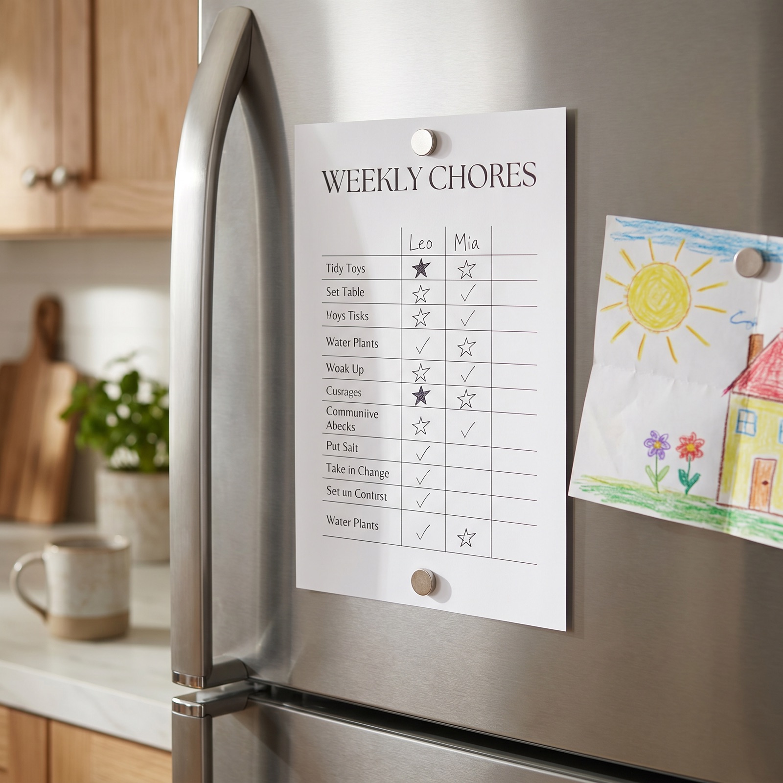 A printed ChorePage chore chart held to a fridge with magnets, mid-week, a handful of boxes already checked.
