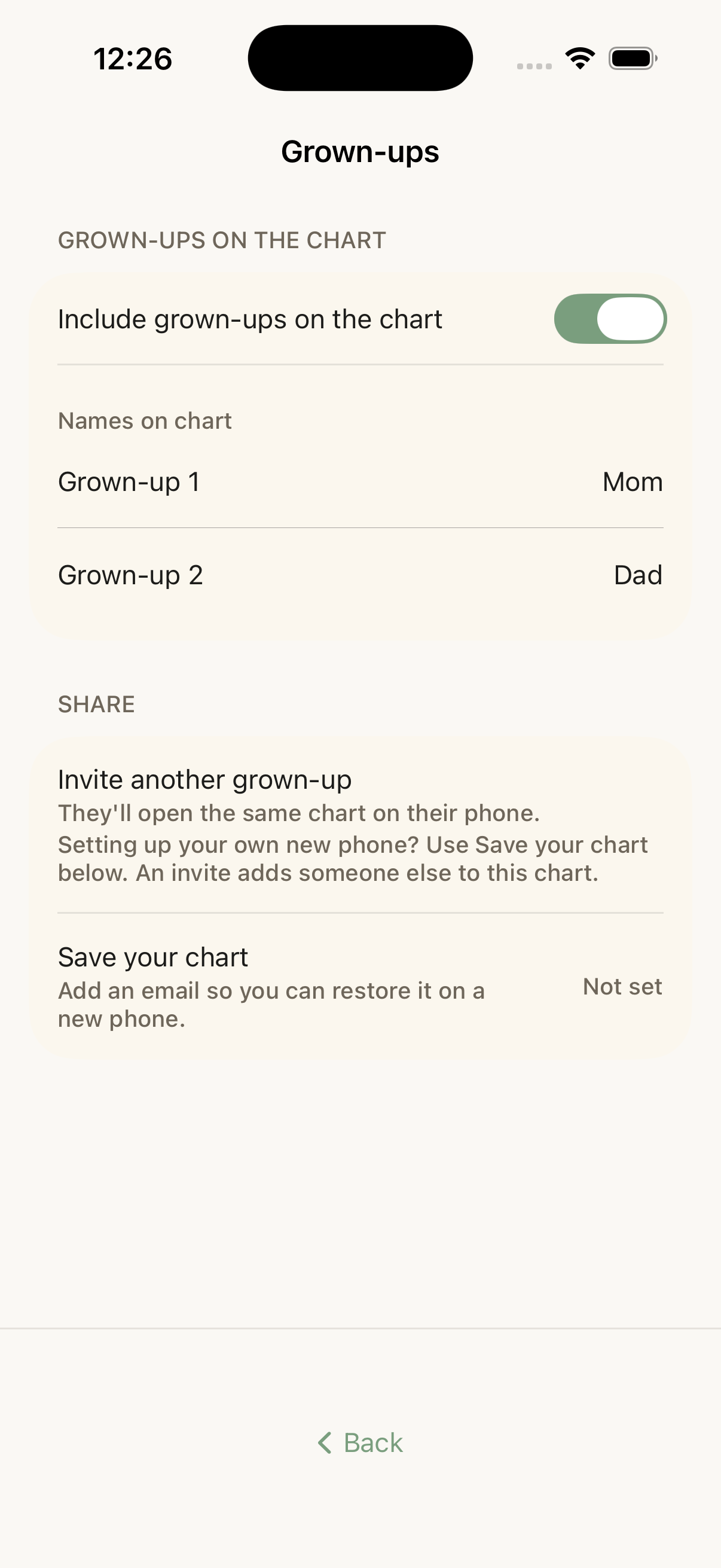 The Choreeo iPhone Grown-ups screen with controls for inviting another grown-up to the family chart.