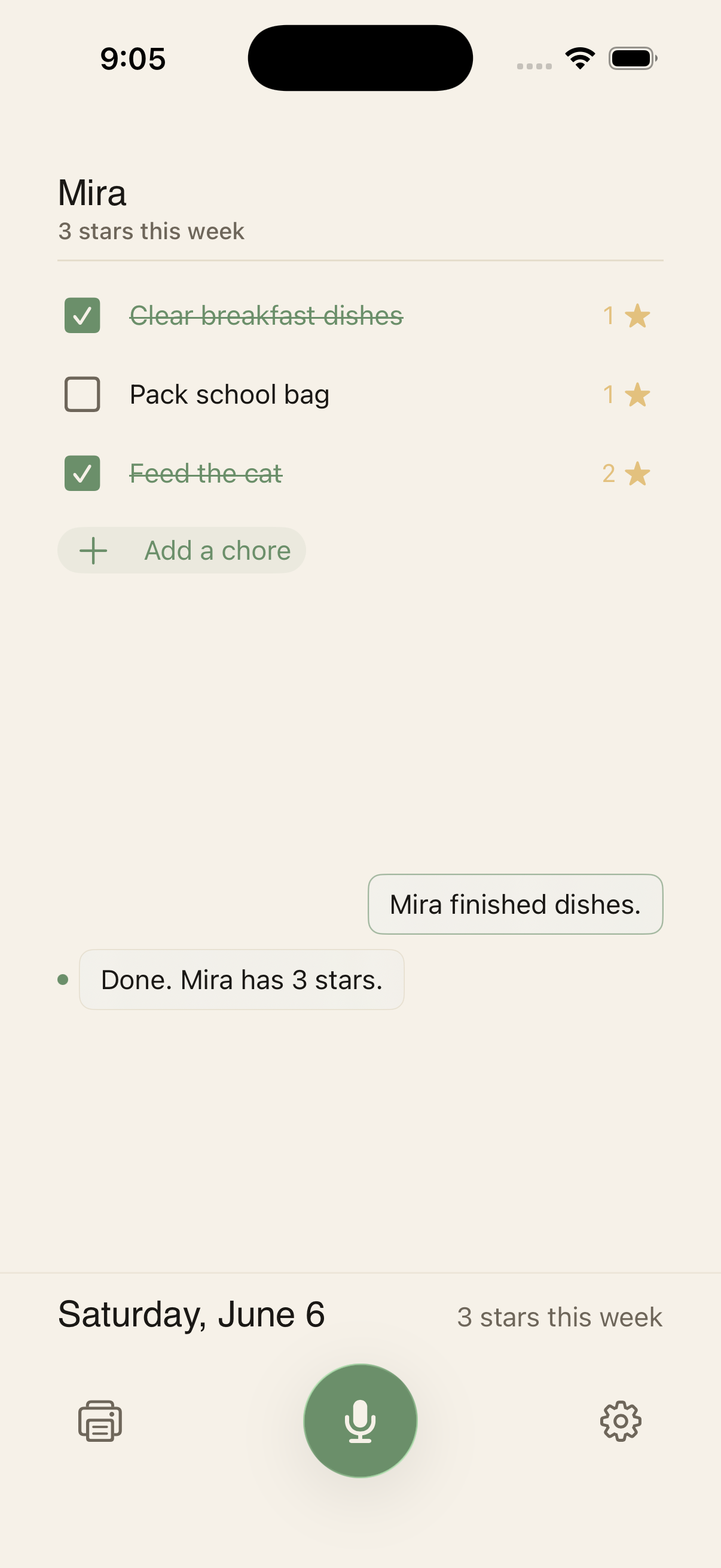 Choreeo iPhone chart with a parent voice update and confirmation overlay.